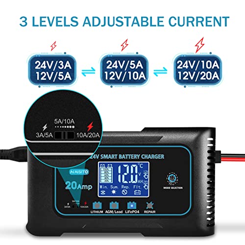 20 Amp Lithium Battery Charger, 12V and 24V LiFePO4, Lead-Acid Portable Car Battery Charger A814524
