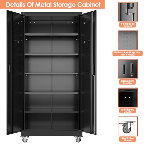 Metal Storage Cabinet with Wheels, 73" H, Locking Doors and Adjustable Shelves A1751