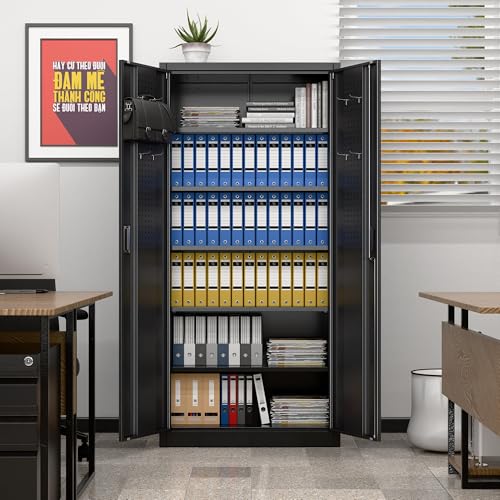 Garage Storage Cabinet with Wheels, 72" H, 2 Doors, 4 Adjustable Shelves, Black R4307