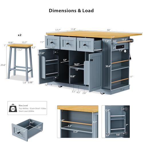 Large Kitchen Island with Drop Leaf, Rolling Cart, Power Outlet and Storage A3211