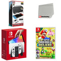Nintendo Switch OLED Console White with New Super Mario Bros. U Deluxe, Accessory Starter Kit and Screen Cleaning Cloth Bundle