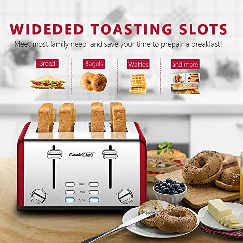 4 Slice Extra Wide Slots Toaster, Stainless Steel, Red L32080