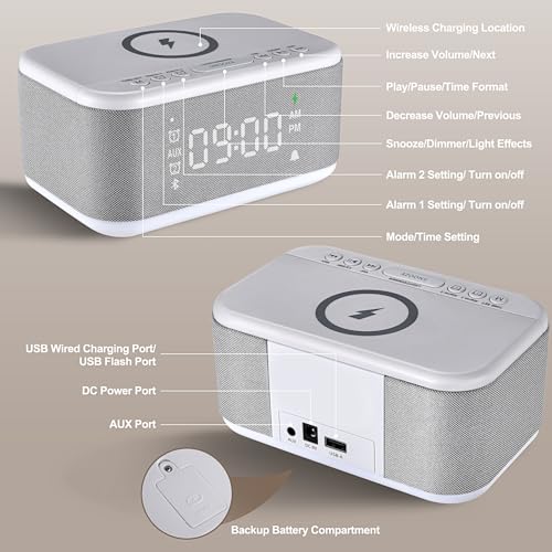 Wireless Charging Alarm Clock Speaker with Bluetooth, Dimmable Night Light K3994