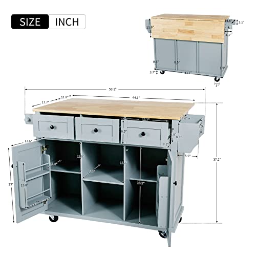 Large Kitchen Island with Drop Leaf, Rolling Cart, Power Outlet and Storage A3211