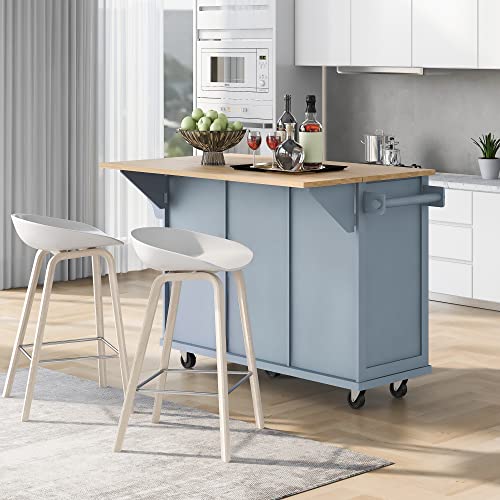 Large Kitchen Island with Drop Leaf, Rolling Cart, Power Outlet and Storage A3211