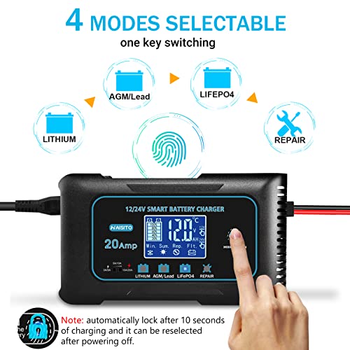 20 Amp Lithium Battery Charger, 12V and 24V LiFePO4, Lead-Acid Portable Car Battery Charger A814524
