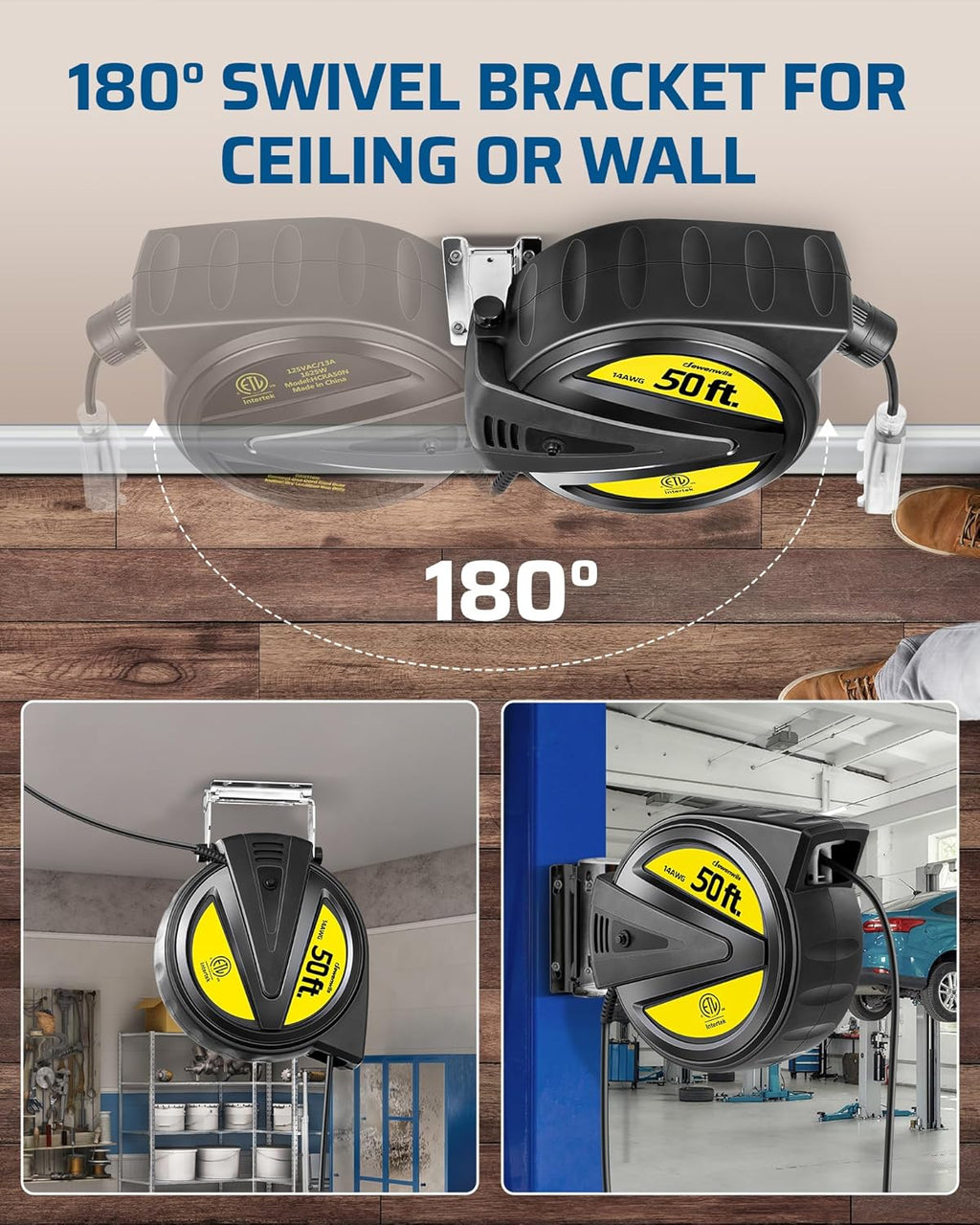 Extension Cord Reel, 50FT Heavy Duty Power Cord, Retractable, Ceiling/Wall Mount V33467