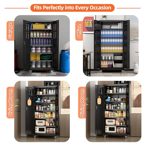 Metal Storage Cabinet with Wheels, 73" H, Locking Doors and Adjustable Shelves A1751