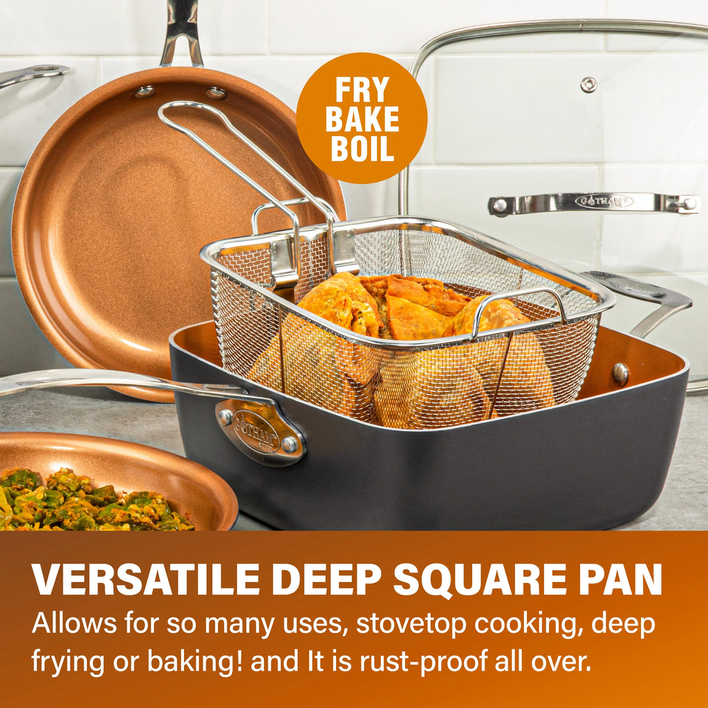 6 Qt Nonstick Copper Deep Square Casserole Pan & Stock Pot 4 Piece Set with Frying Basket and Steamer Tray I80644
