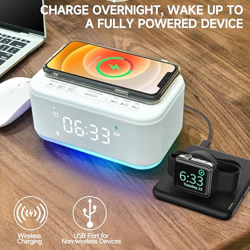 Wireless Charging Alarm Clock Speaker with Bluetooth, Dimmable Night Light K3994