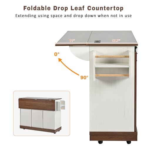 Farmhouse Kitchen Island with Drop Leaf, Barn Door and Power Outlet C3058