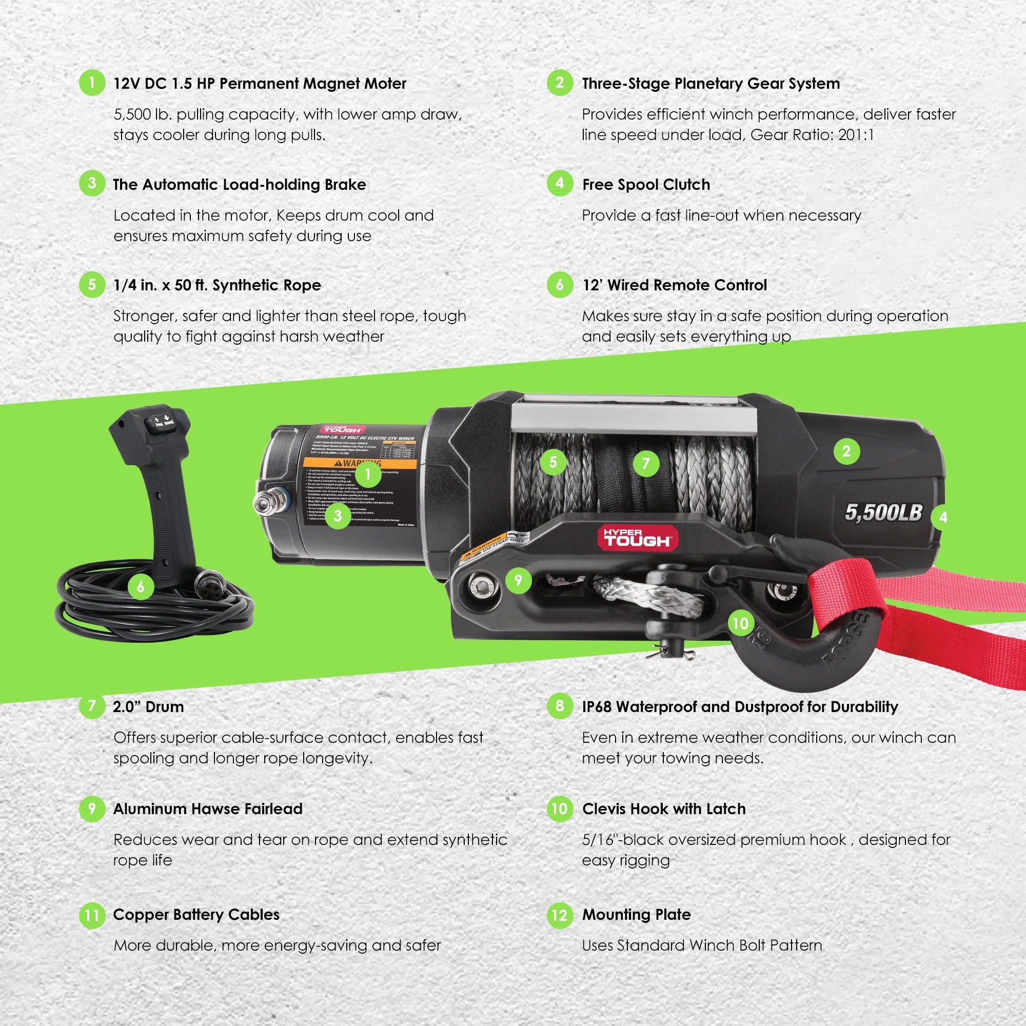 5500 lb 12V DC Electric UTV Winch with 50ft Synthetic Rope G866