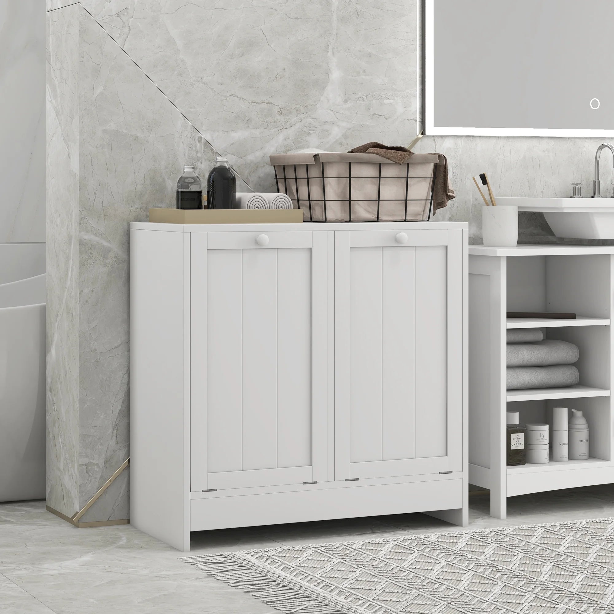 Tilt-out Laundry Storage Cabinet with 2 Hamper Compartments, White K381701