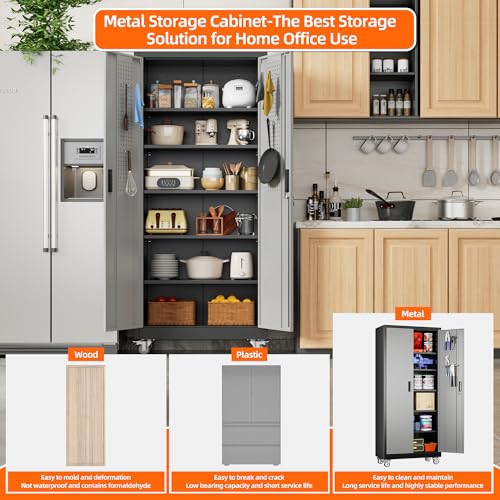 Metal Storage Cabinet with Wheels, 73" H, Locking Doors and Adjustable Shelves A1751