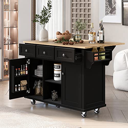 Large Kitchen Island with Drop Leaf, Rolling Cart, Power Outlet and Storage A3211
