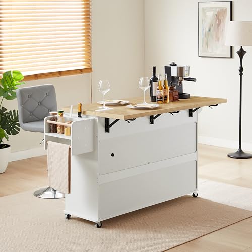 Kitchen Island with Power Outlet & Drop Leaf, Rolling Cart with Storage J137407