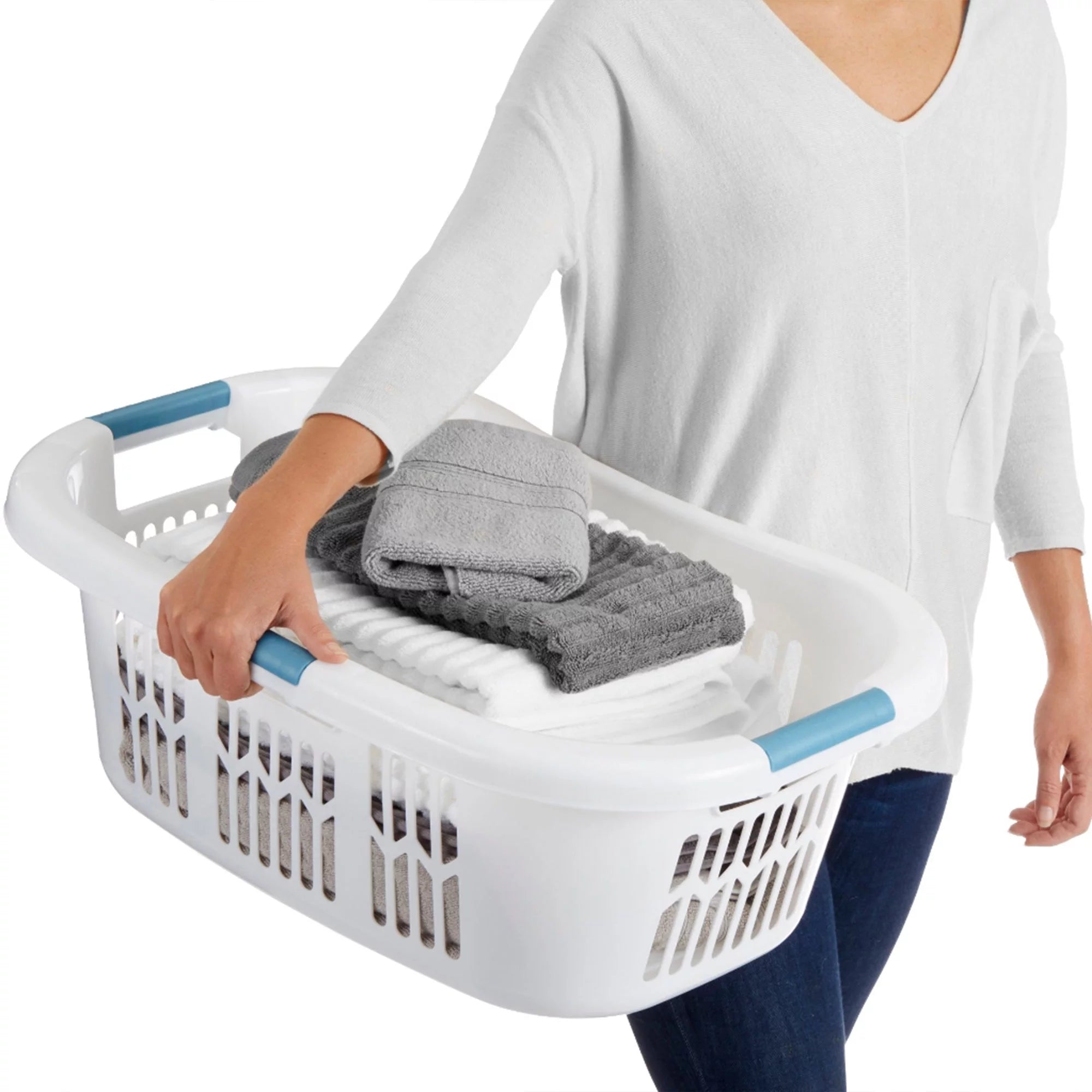 Large Portable Plastic Laundry Basket, White Q207312