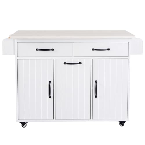 Farmhouse Kitchen Island with Drop Leaf, Barn Door and Power Outlet C3058