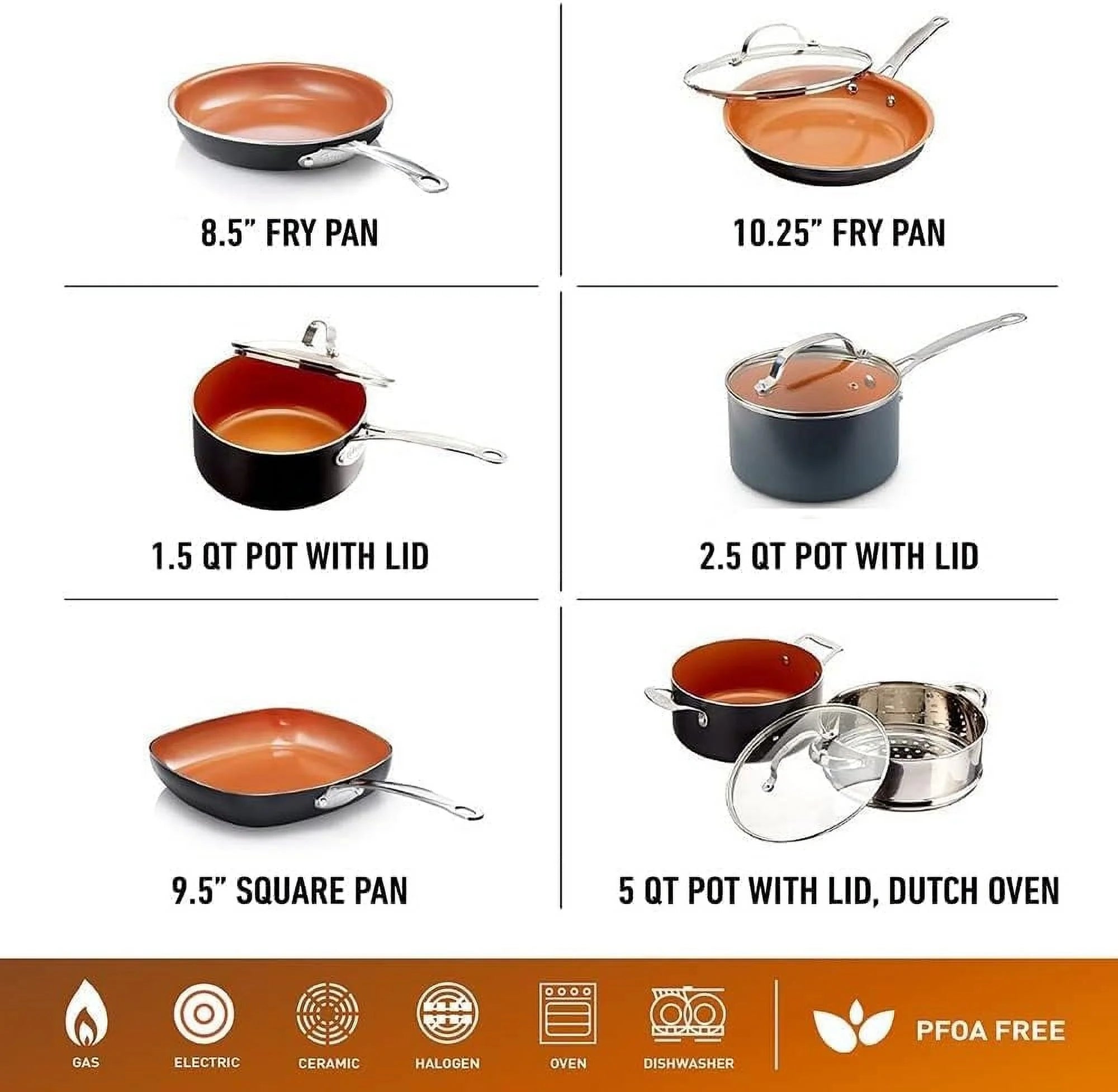 Non-Stick Pots and Pans Set, 12 Piece Kitchen Cookware with Copper Coating D648