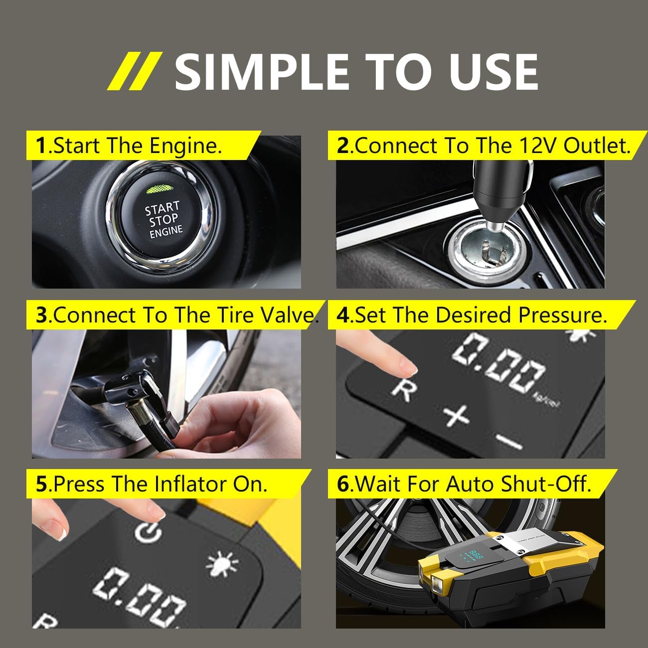 Tire Inflator Portable Air Compressor 150 PSI, 12V Electric Air Pump with Digital Gauge G6290