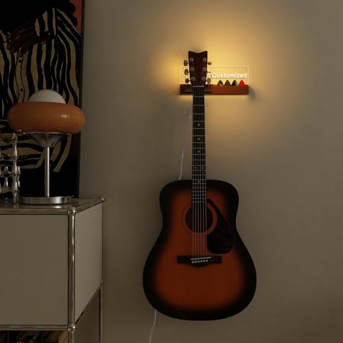 Guitar Wall Mount Stand with LED Lights, Solid Wood & Acrylic, USB-Powered F283