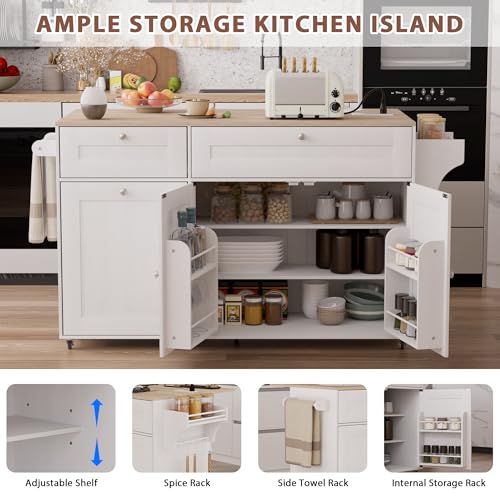 Kitchen Island on Wheels with Storage, Drop Leaf and Power Outlet I19403