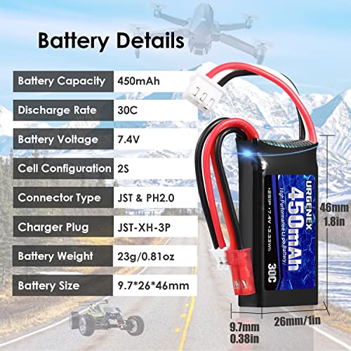 7.4V 2S 450mAh Lipo Battery with JST & PH2.0 Plug and USB Charger for RC Car Truck Drone U648079