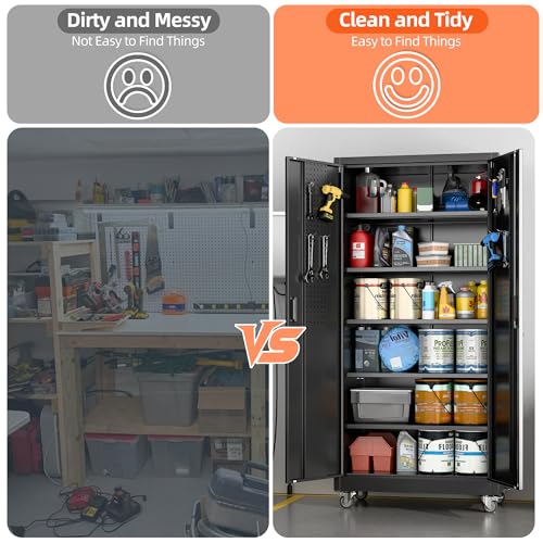 Metal Storage Cabinet with Wheels, 73" H, Locking Doors and Adjustable Shelves A1751