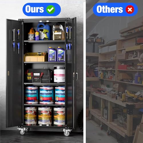 Garage Storage Cabinet with Wheels, 72" H, 2 Doors, 4 Adjustable Shelves, Black R4307