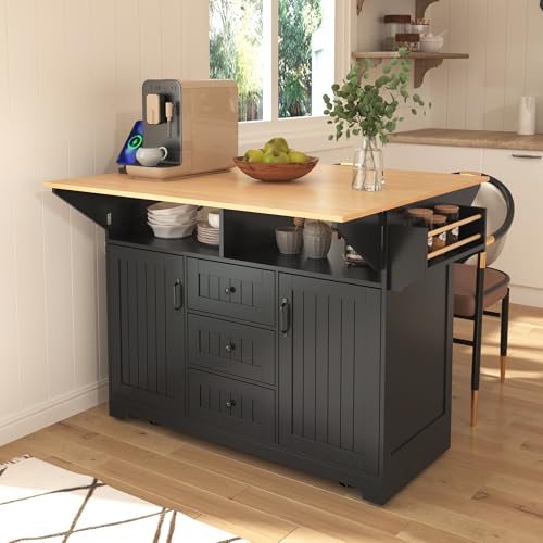 Large Kitchen Island with Drop Leaf, Rolling Cart, Power Outlet and Storage A3211