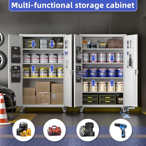 Metal Storage Cabinet with Wheels, 73" H, Locking Doors and Adjustable Shelves A1751
