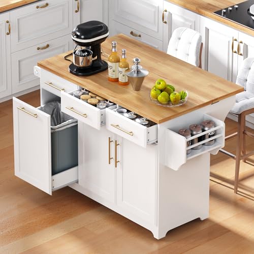 Farmhouse Kitchen Island with Drop Leaf, Barn Door and Power Outlet C3058
