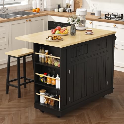Rolling Kitchen Island Cart with Drop Leaf, Power Outlet, and 5 Open Shelves L877625
