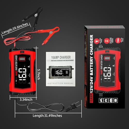 12V 24V 16-Amp Smart Battery Charger for Car Truck Boat Marine D264