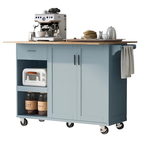 Large Kitchen Island with Drop Leaf, Rolling Cart, Power Outlet and Storage A3211