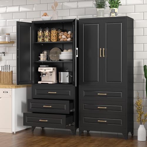 Tall Kitchen Storage Cabinet with Doors and Adjustable Shelves, Black Freestanding Cupboard J20442