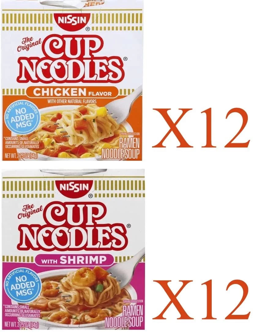 Instant Cup Noodles Variety Pack 24 Count, Shrimp and Chicken E9296