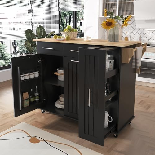 Large Kitchen Island with Drop Leaf, Rolling Cart, Power Outlet and Storage A3211