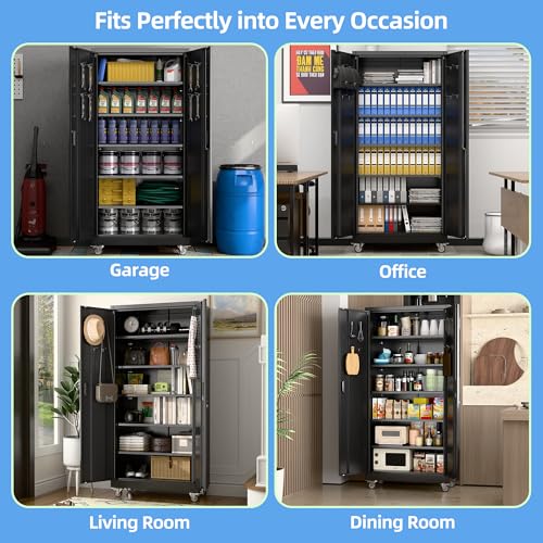 Garage Storage Cabinet with Wheels, 72" H, 2 Doors, 4 Adjustable Shelves, Black R4307