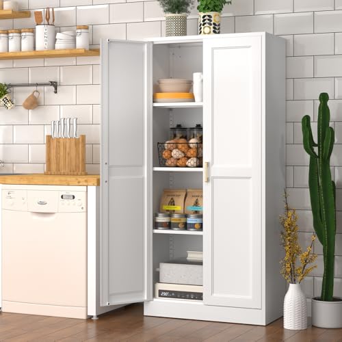 Tall Kitchen Storage Cabinet with Doors and Adjustable Shelves, Black Freestanding Cupboard J20442