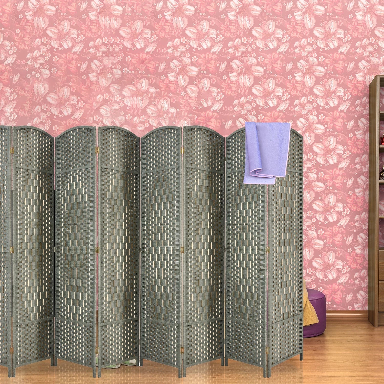 5.7ft Wood Fiber Woven Room Divider 8 Panels, Foldable Grey M77769