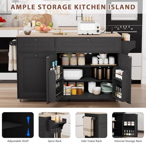 Kitchen Island on Wheels with Storage, Drop Leaf and Power Outlet I19403