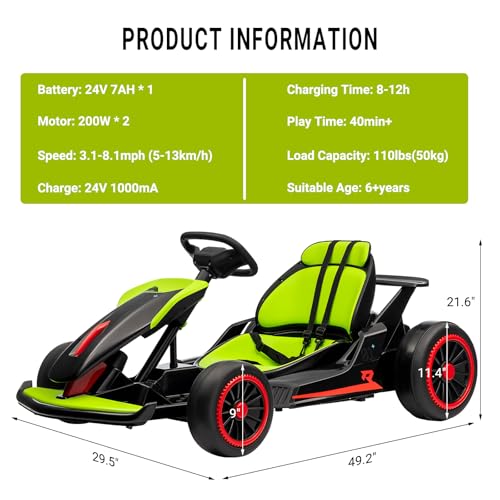 Kids Go Kart, 24V Electric Drift Car, 2-Speed Ride On Toy for Boys Girls 6+ V958