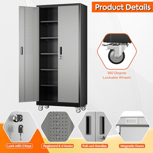 Metal Storage Cabinet with Wheels, 73" H, Locking Doors and Adjustable Shelves A1751