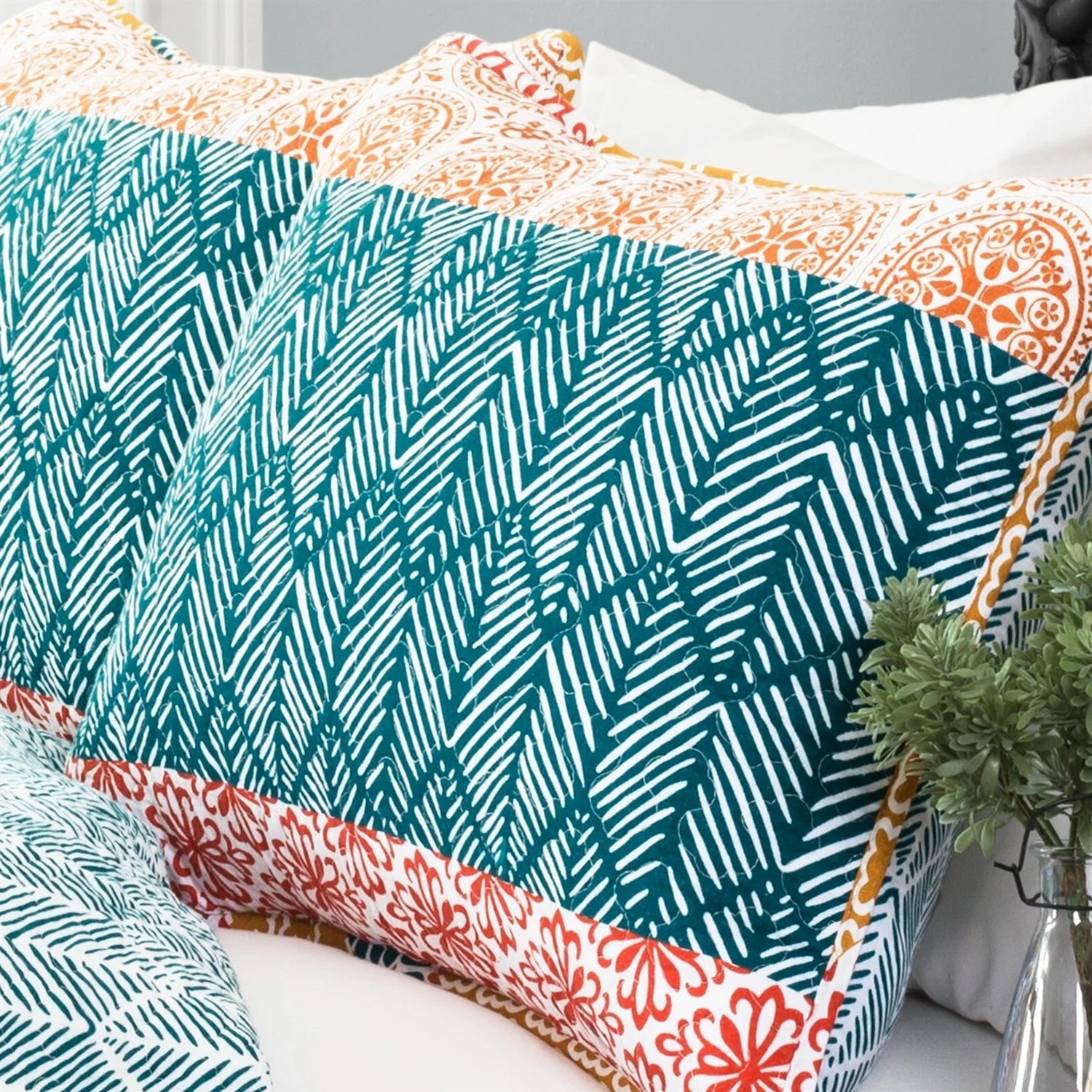 Teal Orange Bohemian Stripe Reversible Cotton Quilt Set G5198