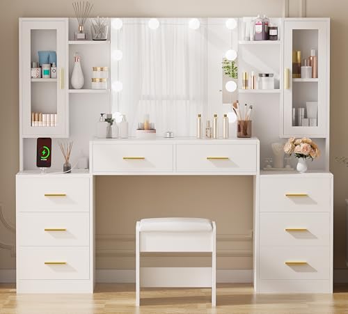 ANWBROAD 59.1" Large Vanity Desk Table with Mirror & Lights White Makeup Vanity with Power Outlet and 8 Drawers 3 Lighting Modes Adjustable Vanity Table for Bedroom Dressing Room UBDT67W
