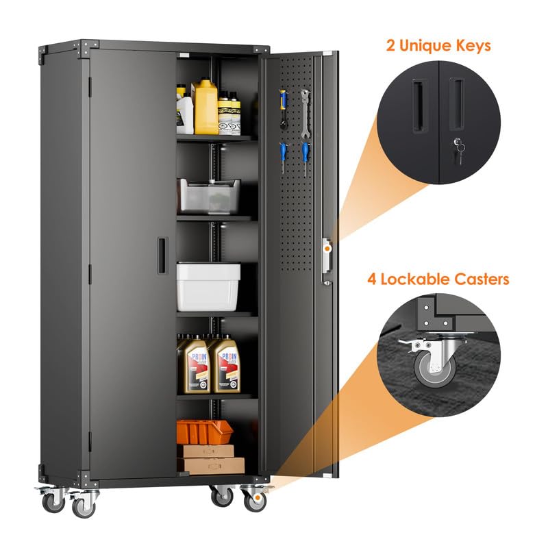 Garage Storage Cabinet with Wheels, 72" H, 2 Doors, 4 Adjustable Shelves, Black R4307
