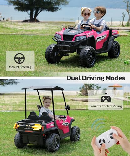24V Ride on Car 2 Seater with Sun Shade, Dump Bed, 4WD, Pink S782676