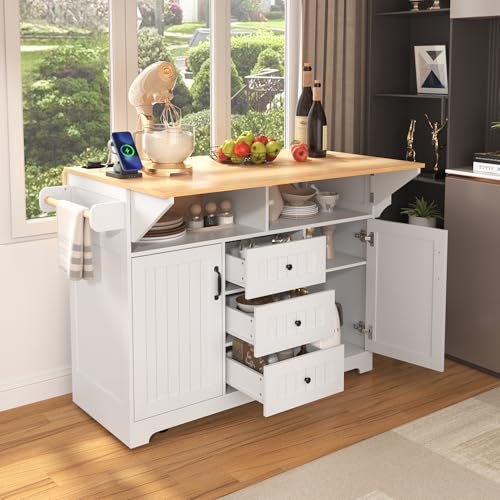 Large Kitchen Island with Drop Leaf, Rolling Cart, Power Outlet and Storage A3211