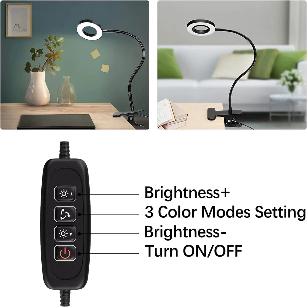 LED Magnifying Glass Desk Lamp with Clamp, Dimmable Gooseneck U7165